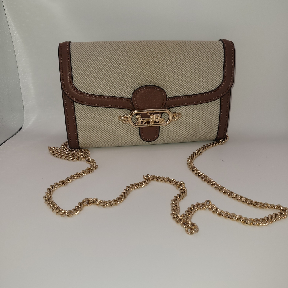 Coach Cream and Brown Crossbody Bag with Gold Chain